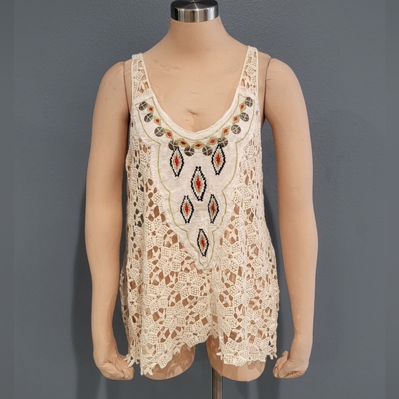 SAGE LANE Cream Crochet Lace Boho Hippie Tunic Tank Top S/M - Picture 1 of 8